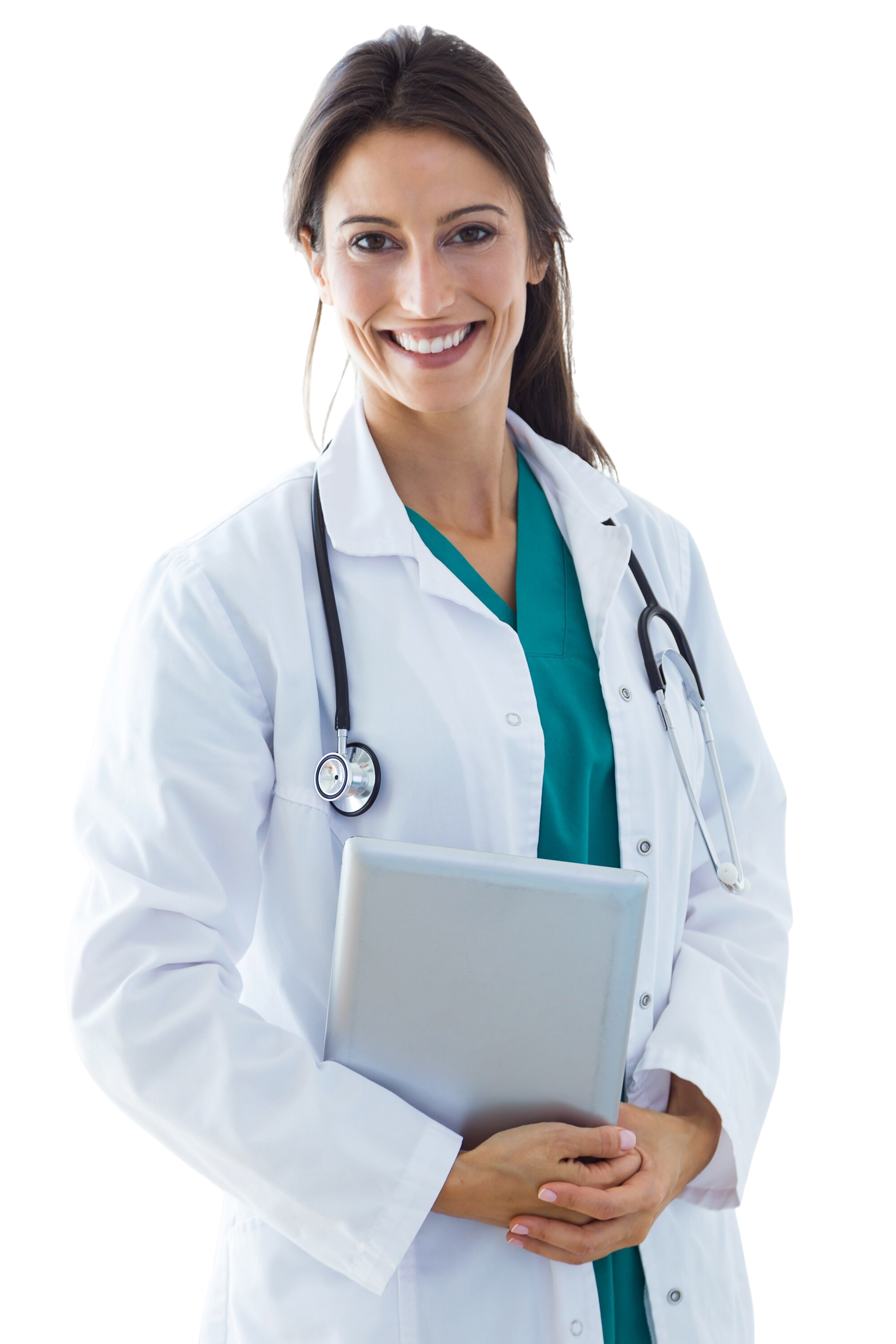 Portrait of a friendly smiling female doctor or dentist wearing a white coat, looking confidently ahead with arms crossed